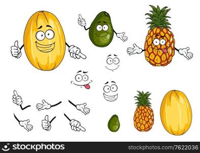 Pineapple, lime and melon fruits in cartoon style for bio food design