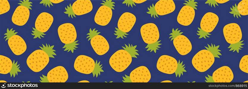 Pineapple seamless pattern. Hand drawn fresh ananas. Vector sketch background. Color doodle wallpaper. Exotic tropical fruit. Fashion design. Food print for kitchen tablecloth, curtain or dishcloth