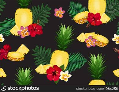 Pineapple seamless pattern in longitudinal section and slice with tropical flower and leaves on black background. Summer background. Ananas fruits vector illustration.