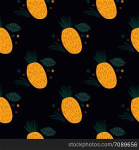 Pineapple seamless pattern on black background. Hand drawn pineapple endless wallpaper. Funny design for fabric, textile print, wrapping paper, children textile. Vector illustration. Pineapple seamless pattern on black background. Hand drawn pineapple