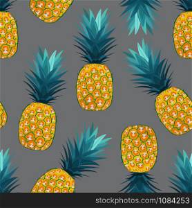 Pineapple seamless pattern on silver gray background. Summer background. Ananas fruits vector illustration.