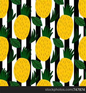 Pineapple seamless pattern on stripe background. Hand drawn pineapple endless wallpaper. Design for fabric, textile print, wrapping paper, children textile. Vector illustration. Pineapple seamless pattern on stripe background illustration