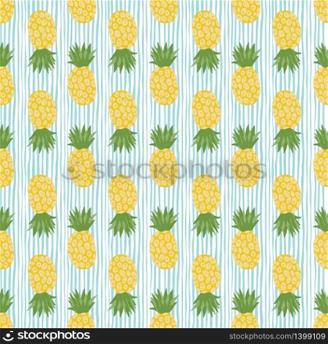 Pineapple seamless pattern on stripes background. Tropical fruits endless wallpaper. Hand drawn vector illustration. Design for fabric, textile print, wrapping, kitchen textile.. Pineapple seamless pattern on stripes background. Tropical fruits endless wallpaper.