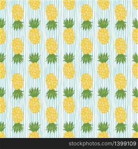 Pineapple seamless pattern on stripes background. Tropical fruits endless wallpaper. Hand drawn vector illustration. Design for fabric, textile print, wrapping, kitchen textile.. Pineapple seamless pattern on stripes background. Tropical fruits endless wallpaper.