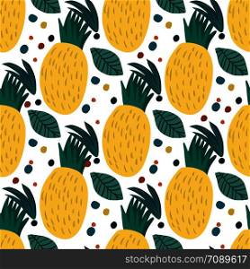 Pineapple seamless pattern on white background. Hand drawn pineapple endless wallpaper. Funny design for fabric, textile print, wrapping paper, children textile. Vector illustration. Pineapple seamless pattern on white background. Hand drawn pineapple endless wallpaper.