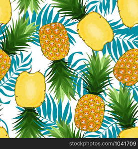 Pineapple seamless pattern whole and in longitudinal section with palm leaves on white background. Summer background. Ananas fruits vector illustration.