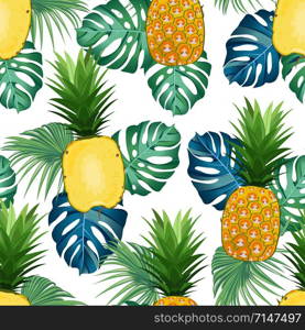 Pineapple seamless pattern whole and in longitudinal section with tropical leaves on white background. Summer background. Ananas fruits vector illustration.