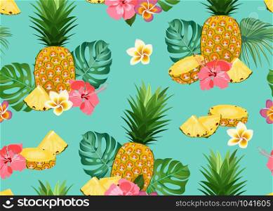 Pineapple seamless pattern whole and slice with tropical flower and leaves on green background. Summer background. Ananas fruits vector illustration.