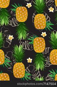 Pineapple seamless pattern with frangipani flower and tropical leaves on black background. Summer background. Ananas fruits vector illustration.