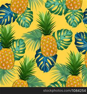 Pineapple seamless pattern with tropical leaves on yellow background. Summer vintage background. Ananas fruits vector illustration.