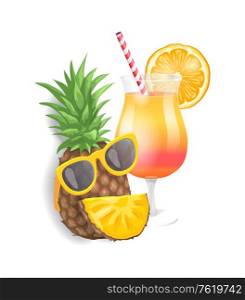 Pineapple summer cocktail isolated icons set vector. Pineapple with sunglasses and slice forming face, beverage with orange citrus slice and straw. Pineapple Summer Cocktail Set Vector Illustration