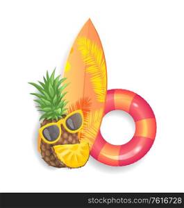Pineapple surfboard set of isolated icons vector. Ripe fruit with sunglasses and slice, lifebuoy saving ring, inflatable summer item. Surfboard with print. Summertime activity objects. Pineapple Surfboard Set Icons Vector Illustration