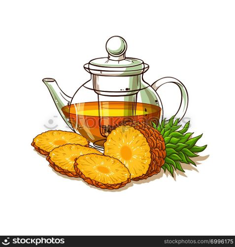 pineapple tea in teapot illustration on white background. pineapple tea illustration