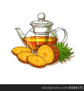 pineapple tea in teapot illustration on white background. pineapple tea illustration