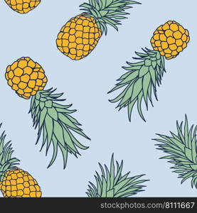 Pineapple tropical seamless pattern background. Tropical nature wrapping paper or textile design. Beautiful print with hand-drawn exotic fruits.