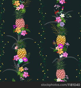 Pineapple with colorful tropical flowers and leaves seamless pattern on dark summer night background,for decorative,fashion,fabric,textile,print or wallpaper,vector illustration