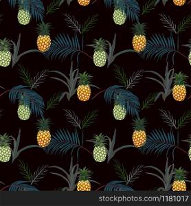 Pineapple with tropical leaves on dark summer night seamless pattern for fashion,fabric,textile,apparel,decoration or print,vector illustration