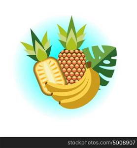 Pineapples and bananas. Vector illustration. Tropical juicy fruit.