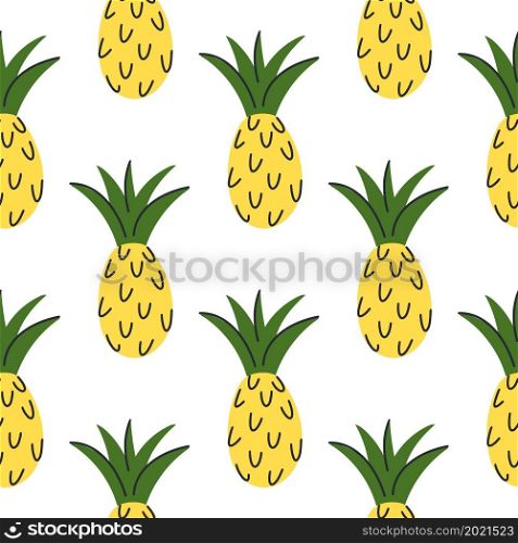 Pineapples seamless pattern, vector illustration. Background with exotic tropical fruits. Pineapple doodle template for decoration, packaging and fabric. Pineapples seamless pattern, vector illustration