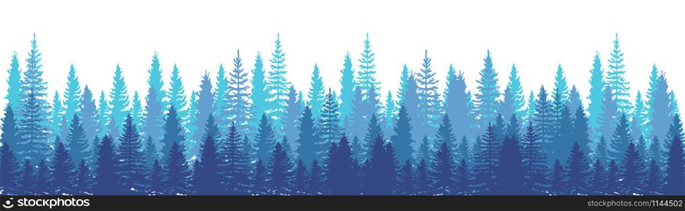 Pines Forest Panorama view. Spruce nature landscape. Forest background. Set of Pine, Spruce and Christmas Tree on White background. Silhouette forest background. Vector illustration