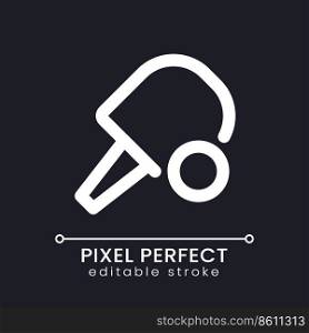 Ping pong pixel perfect white linear ui icon for dark theme. Game with ball and racket. Vector line pictogram. Isolated user interface symbol for night mode. Editable stroke. Poppins font used. Ping pong pixel perfect white linear ui icon for dark theme
