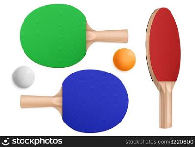 Ping pong rackets and balls, table tennis equipment in top and perspective view. Vector realistic set of 3d pingpong balls and sport paddles with wooden handles isolated on white background. Ping pong rackets and balls for table tennis