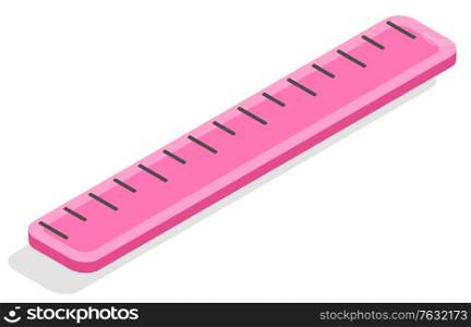 Pink 3d isometric ruler vector, isolated icon of device for measuring object for precision. Item decorated with dots, made of plastic material school supply. Back to school concept. Flat cartoon. Ruler for Maths Lessons, School Supplies Closeup