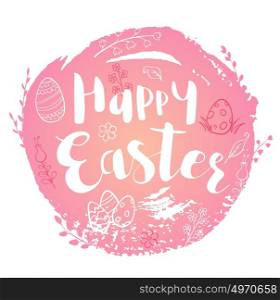 Pink abstract Easter background with lettering and doodles. Hand drawn vector illustration.