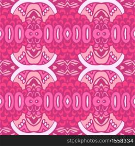 Pink abstract geometric tiles bohemian ethnic seamless pattern ornamental. Classic wallpaper and fabric textile geometric design. Vintage doodle and flower shapes floral motif ethnic seamless background.