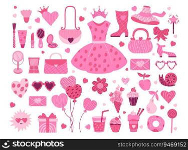 Pink aesthetic barbiecore collection. Isolated glamorous elements accessories, clothes, cosmetics, food, sweets, gift and balloons for girl princess. Vector illustration in decorative hand drawn style