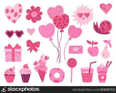 Pink aesthetic barbiecore set. Glamorous trendy heart, sweet food, ice cream and cupcakes, drinks and fruits, balloons, gift, glasses, sun and snail. Isolated Vector elements in hand drawn style