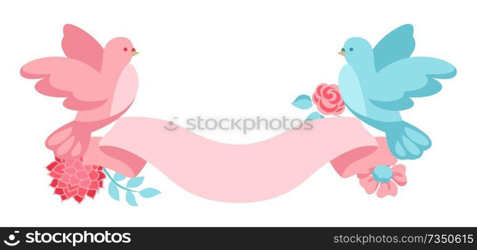 Pink and blue dove holding ribbon with flowers. Illustration for Wedding or Valentine day.. Pink and blue dove holding ribbon with flowers.