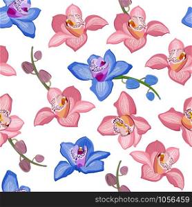 Pink and blue orchid floral seamless pattern. Flowers bloom blossom foliage on white background.