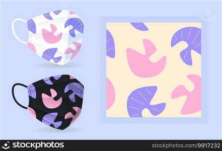 Pink and blue ornaments on black and white face mask mockup with modern abstract seamless pattern. Flat vector shapes. Texture with trendy cartoon color icons. Decorative design with graphic elements. Pink and blue ornaments on black and white face mask mockup with modern abstract seamless pattern
