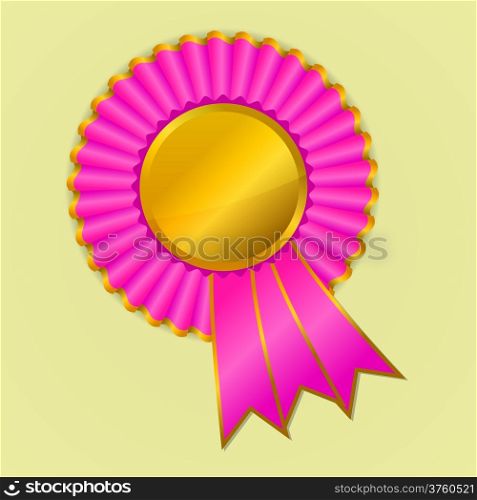 Pink and gold award ribbon rosette on yellow background, vector illustration