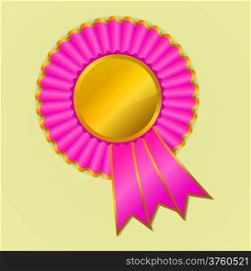 Pink and gold award ribbon rosette on yellow background, vector illustration