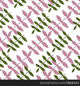 Pink and green branches seamless pattern isolated on white background. Botanical backdrop. Abstract floral ornament. Design for fabric , textile print, surface, wrapping, cover. Vector illustration.. Pink and green branches seamless pattern isolated on white background. Botanical backdrop. Abstract floral ornament.