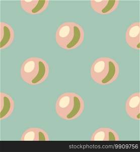 Pink and green colored pearls seamless pattern. geometric hand drawn shapes on blue background. Pastel palette aqua print. For wallpaper, textile, wrapping paper, fabric print. Vector illustration.. Pink and green colored pearls seamless pattern. geometric hand drawn shapes on blue background. Pastel palette aqua print.