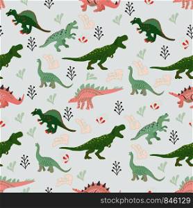 Pink and green dinosaurs hand drawn seamless pattern. Cute hand drawn sketch style textile, wrapping paper, background design.. Pink and green dinosaurs hand drawn seamless pattern