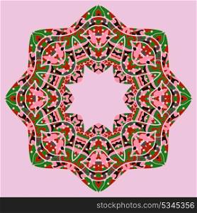 Pink and green mandala motif. Ornate unusual design in tribal style