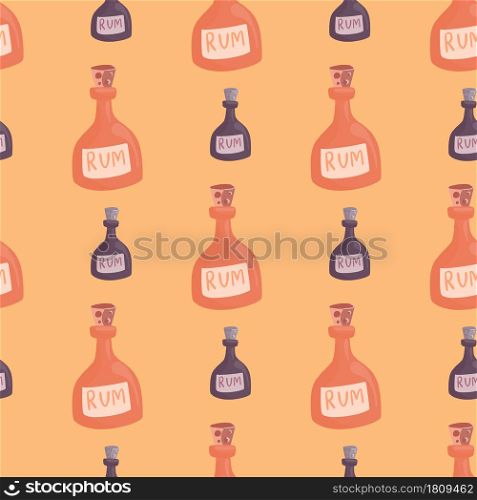 Pink and purple colored rum bottle print seamless pattern. Beige background. Decorative alcohol ornament. Designed for fabric design, textile print, wrapping, cover. Vector illustration.. Pink and purple colored rum bottle print seamless pattern. Beige background. Decorative alcohol ornament.