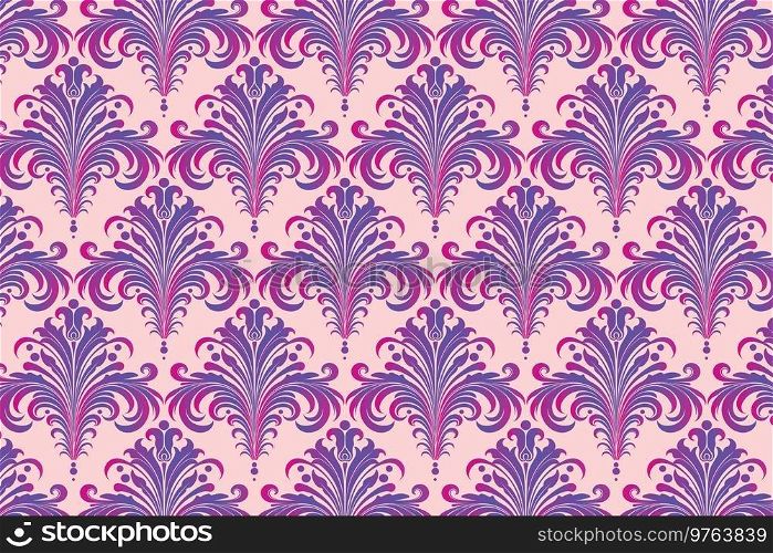 Pink and Purple Damask Wallpaper with Scrolling Motif.
