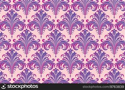 Pink and Purple Damask Wallpaper with Scrolling Motif.