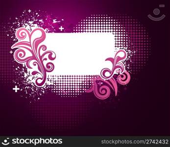 Pink and purple grunge floral frame with texture. Pink grunge splatter frame background