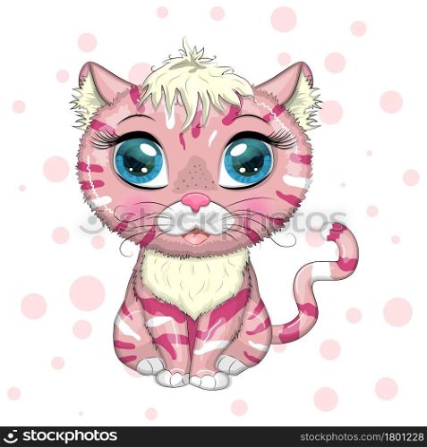 Pink and spotted cat with beautiful eyes in cartoon style, colorful illustration for children. greeting card. Pink and spotted cat with beautiful eyes in cartoon style, colorful illustration for children.