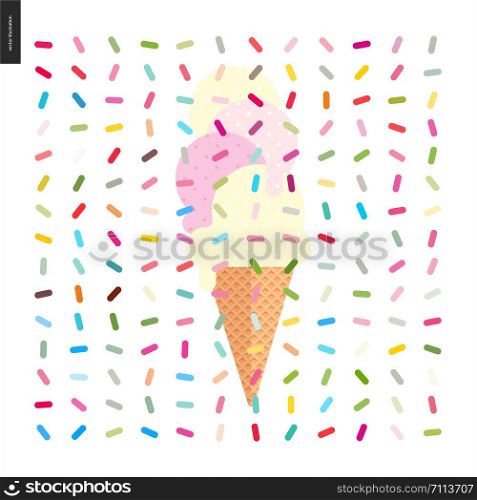 Pink and vanilla Ice cream cone and pattern - cartoon flat vector illustrated cartoon ice cream cone and pink fruit and yellow vanilla scoops with, with twisted geometric colorful pattern of sprinkles. Pink and vanilla Ice cream in a cone with pattern