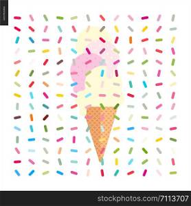 Pink and vanilla Ice cream cone and pattern - cartoon flat vector illustrated cartoon ice cream cone and pink fruit and yellow vanilla scoops with, with twisted geometric colorful pattern of sprinkles. Pink and vanilla Ice cream in a cone with pattern