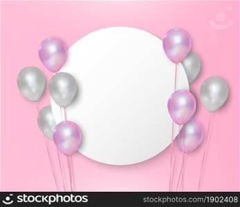 Pink and white balloons on empty circle wihite background, vector illustration