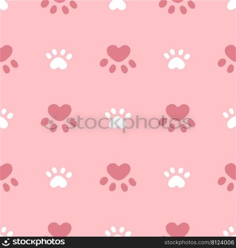 Pink and white cat or dog seamless pattern. Meow and cat paws background vector illustration. Cute cartoon pastel character for nursery girl baby print.