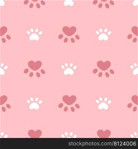 Pink and white cat or dog seamless pattern. Meow and cat paws background vector illustration. Cute cartoon pastel character for nursery girl baby print.